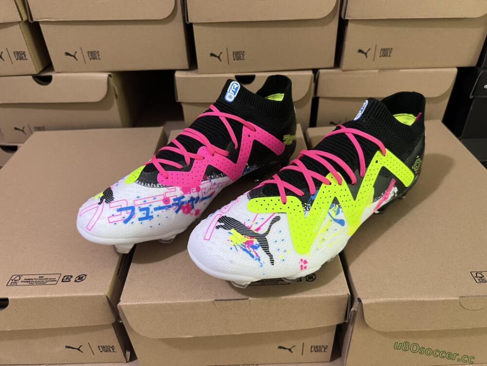 Men's Puma Future X Powercat Tokyo Match FG Firm Ground Low-Tops Football Boots - White/Black/Green/Pink