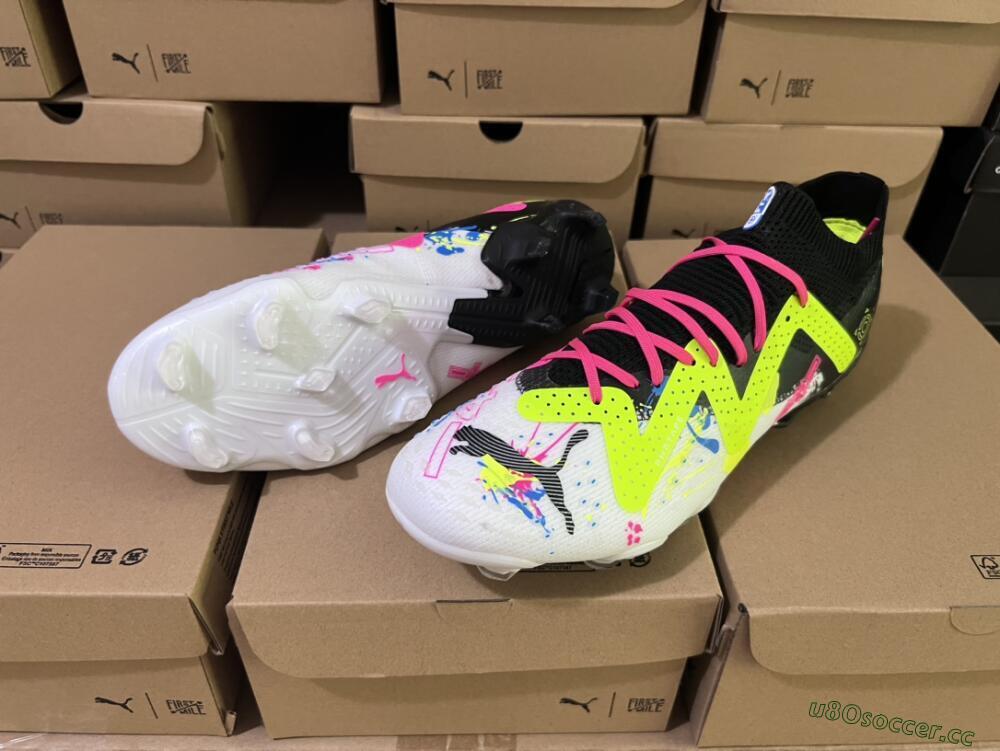 Men's Puma Future X Powercat Tokyo Match FG Firm Ground Low-Tops Football Boots - White/Black/Green/Pink
