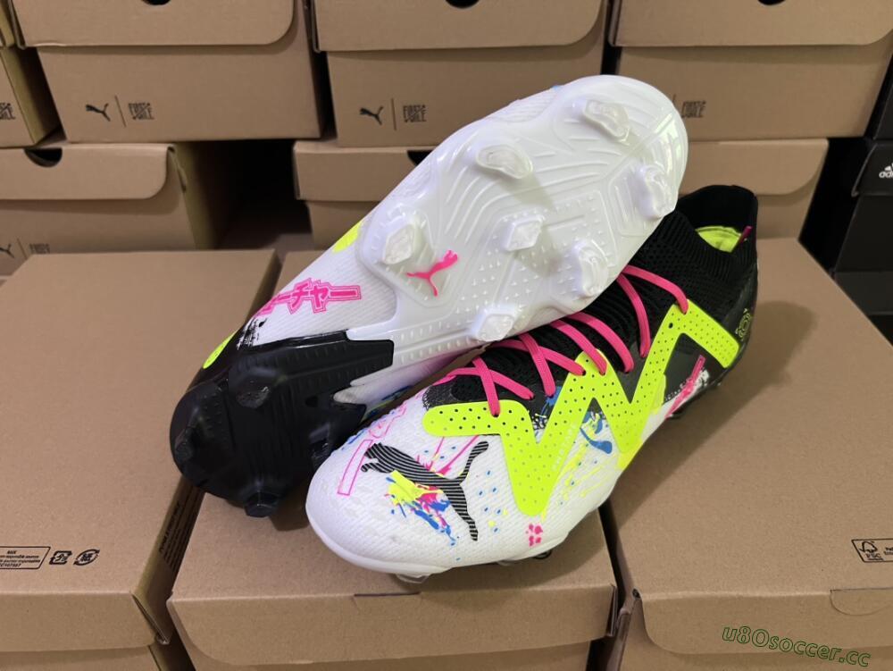 Men's Puma Future X Powercat Tokyo Match FG Firm Ground Low-Tops Football Boots - White/Black/Green/Pink