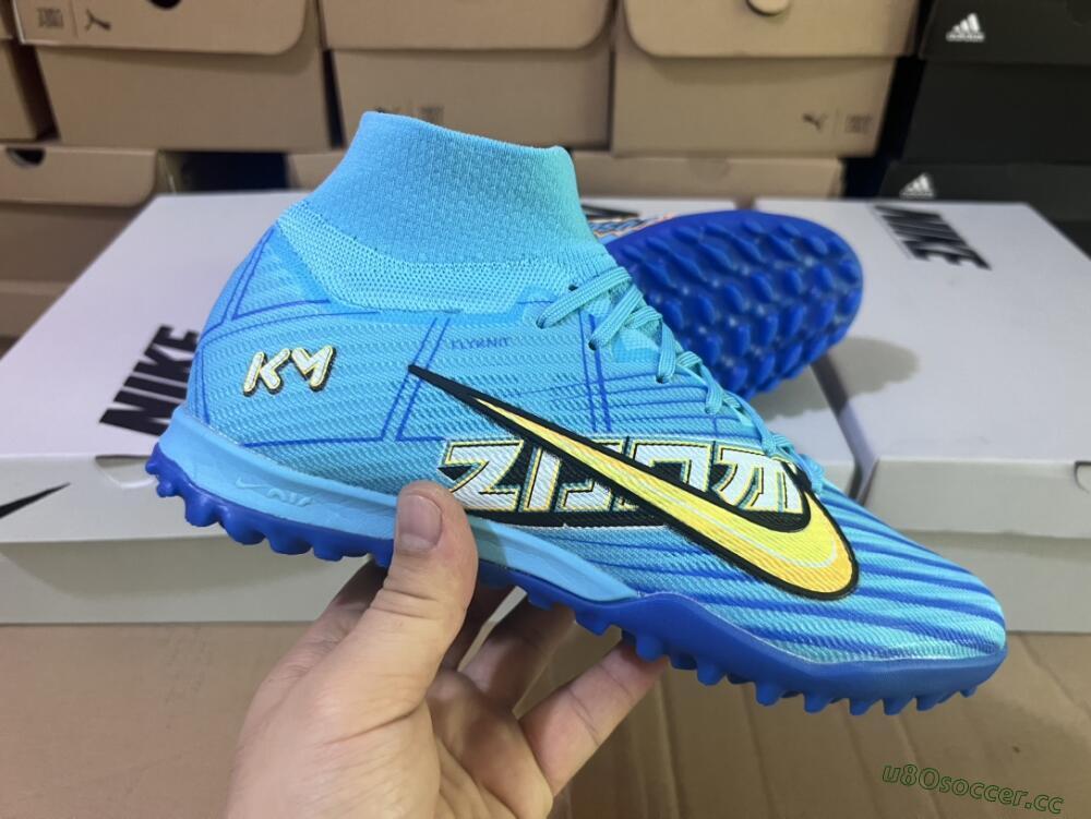 Men's Kylian Mbappe x Nike Air Zoom Mercurial Superfly 9 Elite TF Artificial Turf High-Tops Football Shoes - Blue/Yellow/Black