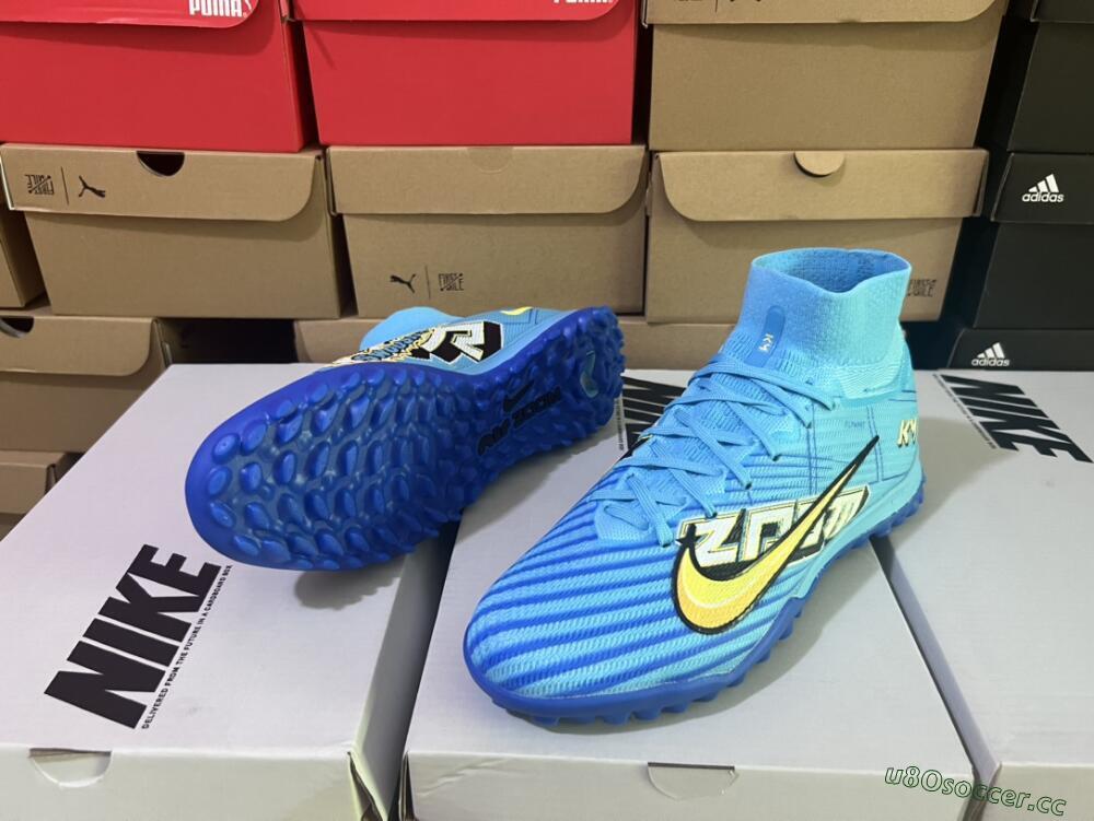 Men's Kylian Mbappe x Nike Air Zoom Mercurial Superfly 9 Elite TF Artificial Turf High-Tops Football Shoes - Blue/Yellow/Black