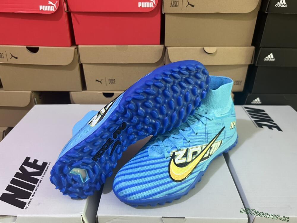 Men's Kylian Mbappe x Nike Air Zoom Mercurial Superfly 9 Elite TF Artificial Turf High-Tops Football Shoes - Blue/Yellow/Black