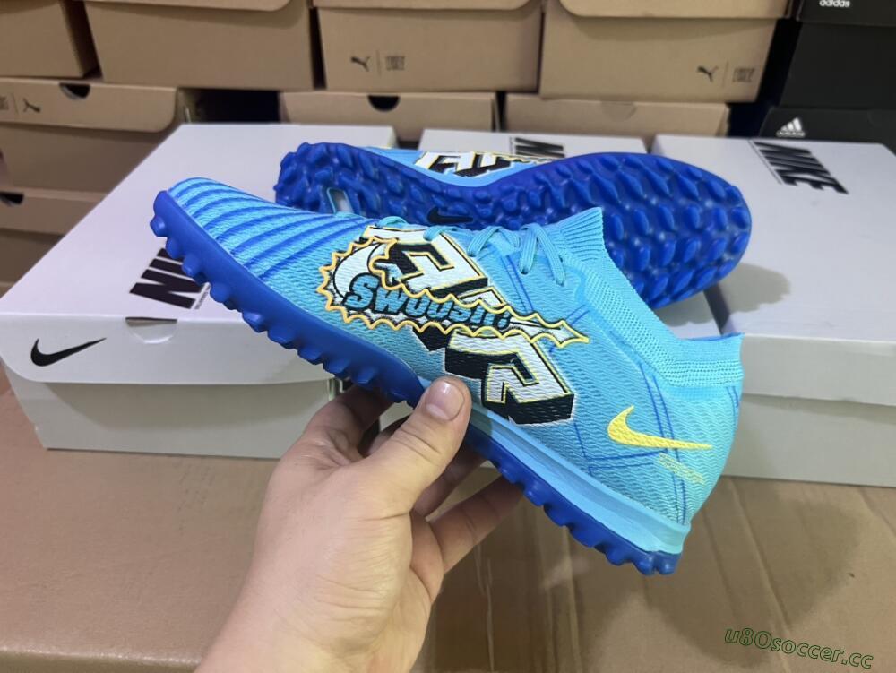 Men's Kylian Mbappe x Nike Air Zoom Mercurial Vapor 15 Elite TF Artificial Turf Low-Tops Football Shoes - Blue/Yellow/Black