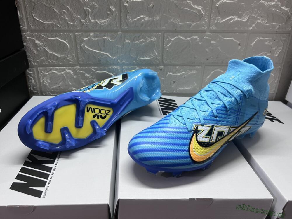 Unisex Kylian Mbappe x Nike Air Zoom Mercurial Superfly 9 Elite FG Firm Ground High-Tops Football Boots - Blue/Yellow/Black