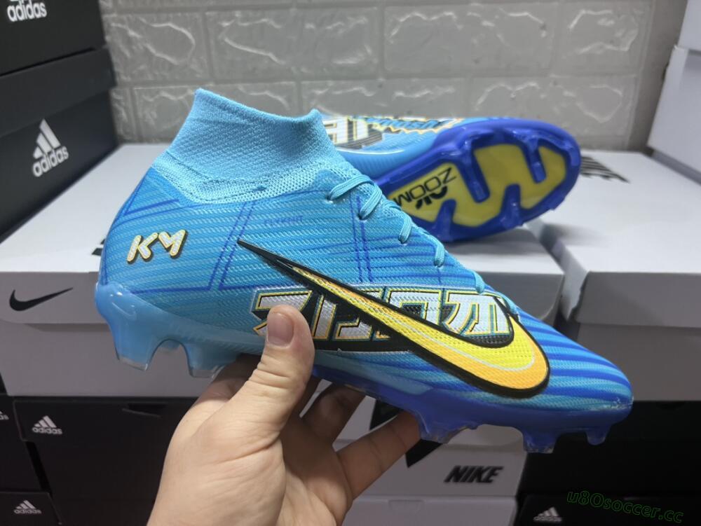 Unisex Kylian Mbappe x Nike Air Zoom Mercurial Superfly 9 Elite FG Firm Ground High-Tops Football Boots - Blue/Yellow/Black