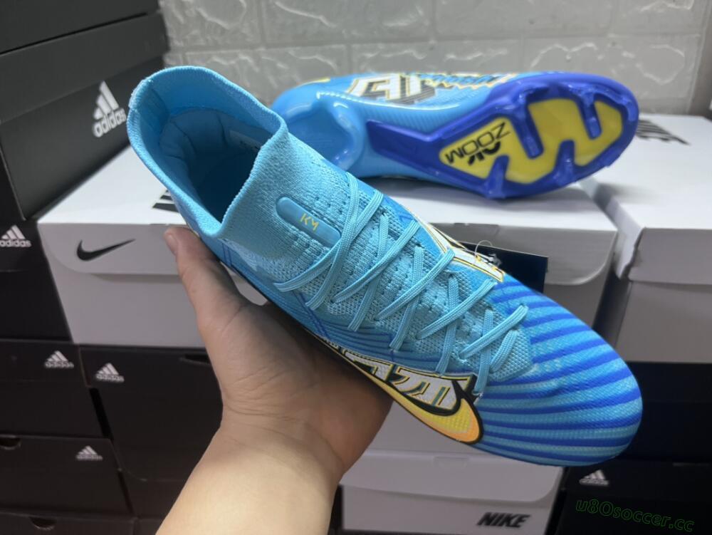 Unisex Kylian Mbappe x Nike Air Zoom Mercurial Superfly 9 Elite FG Firm Ground High-Tops Football Boots - Blue/Yellow/Black