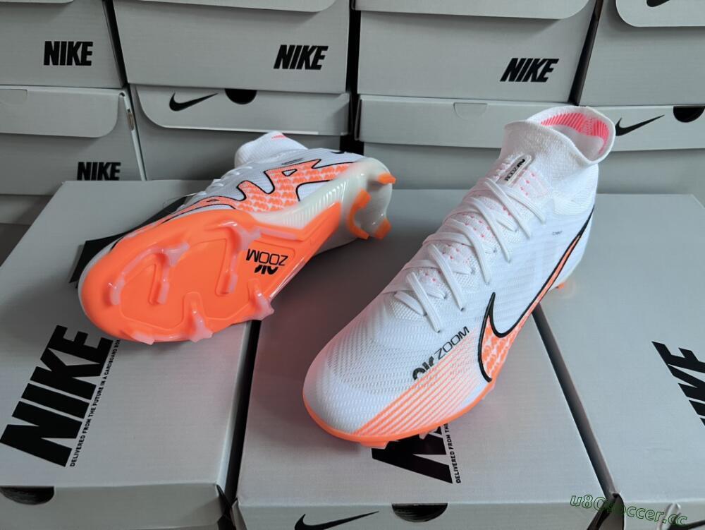 Men's Nike Air Zoom Mercurial Superfly 9 Elite FG Firm Ground High-Tops Football Boots - White/Orange/Black