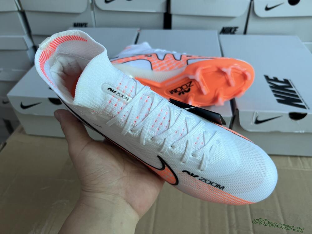Men's Nike Air Zoom Mercurial Superfly 9 Elite FG Firm Ground High-Tops Football Boots - White/Orange/Black