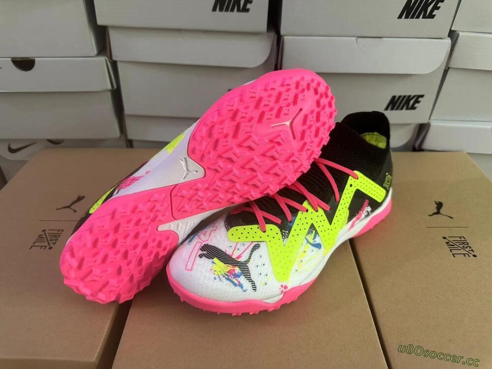 Men's Puma Future X Powercat Tokyo Match TF Artificial Turf Low-Tops Football Shoes - White/Black/Pink/Yellow