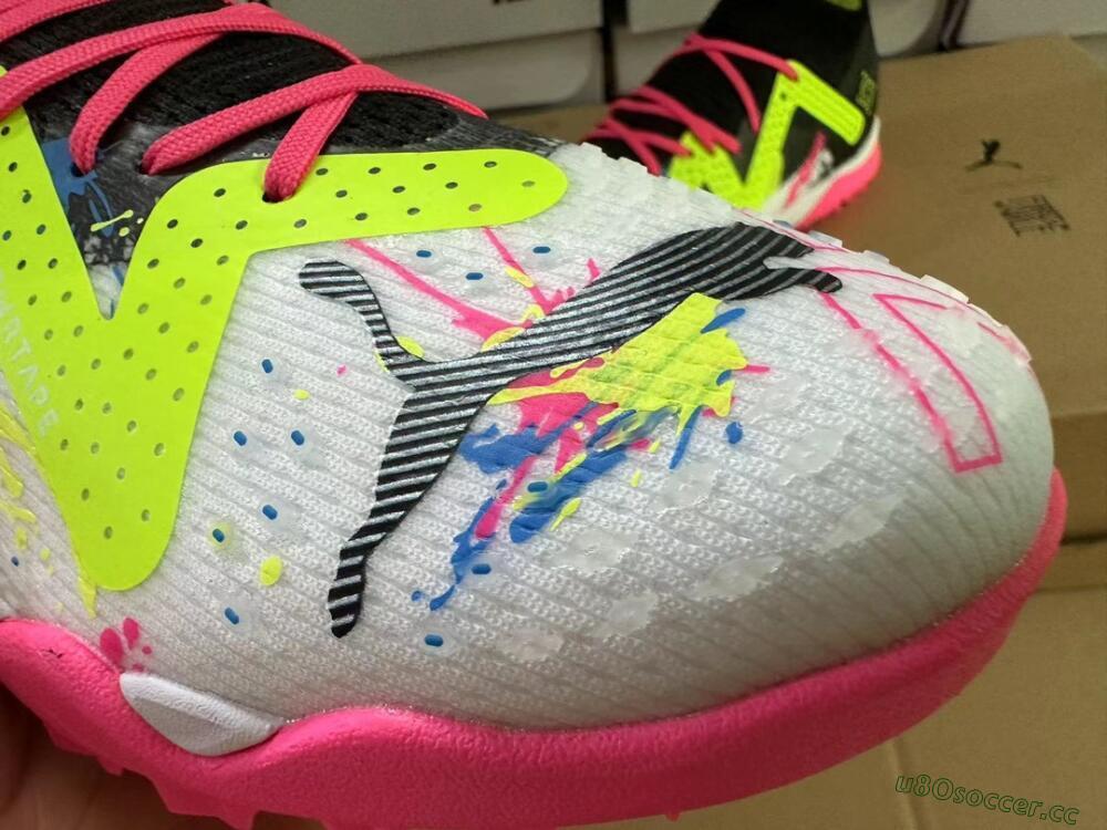 Men's Puma Future X Powercat Tokyo Match TF Artificial Turf Low-Tops Football Shoes - White/Black/Pink/Yellow