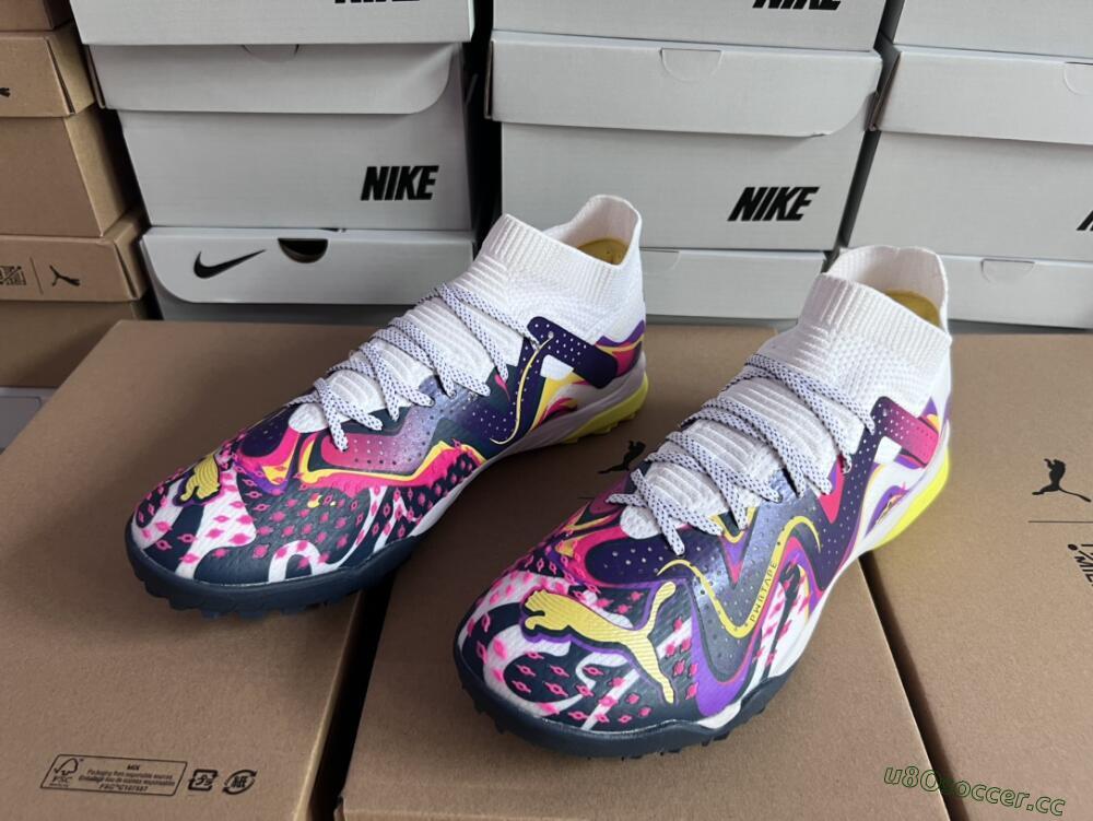 Men's Puma Future X Powercat Tokyo Match TF Artificial Turf Low-Tops Football Shoes - Purple/White/Yellow