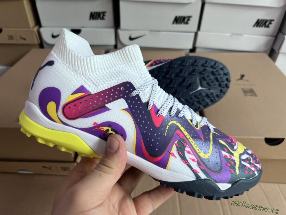 Men's Puma Future X Powercat Tokyo Match TF Artificial Turf Low-Tops Football Shoes - Purple/White/Yellow