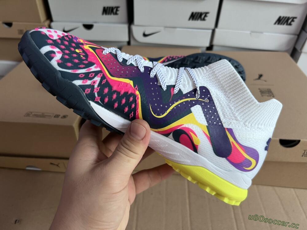 Men's Puma Future X Powercat Tokyo Match TF Artificial Turf Low-Tops Football Shoes - Purple/White/Yellow