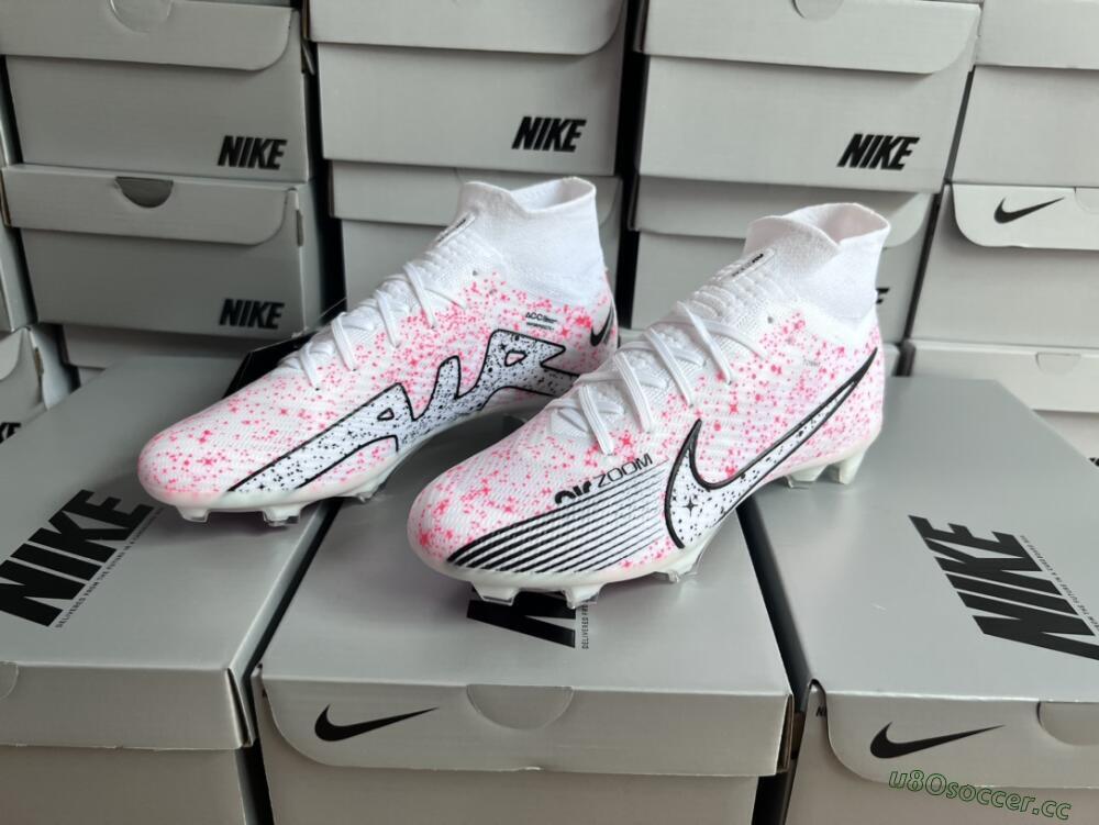 Men's Nike Air Zoom Mercurial Superfly 9 Elite FG Firm Ground High-Tops Football Boots - White/Pink/Black