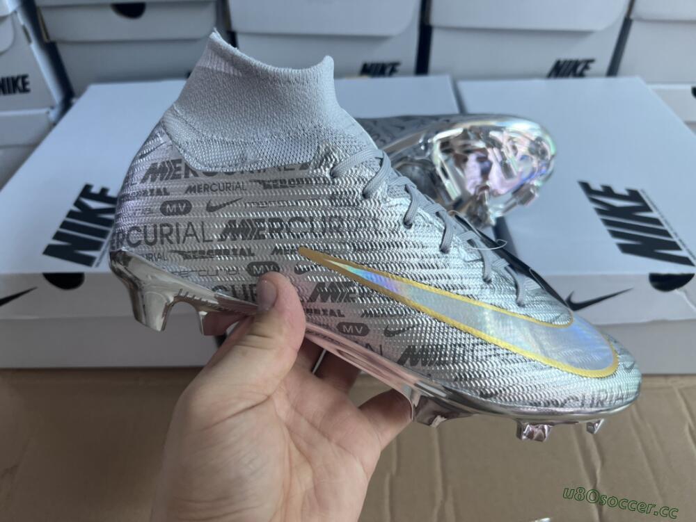 Men's Nike Air Zoom Mercurial Superfly 9 Elite FG Firm Ground High-Tops Football Boots - Silver/Gold