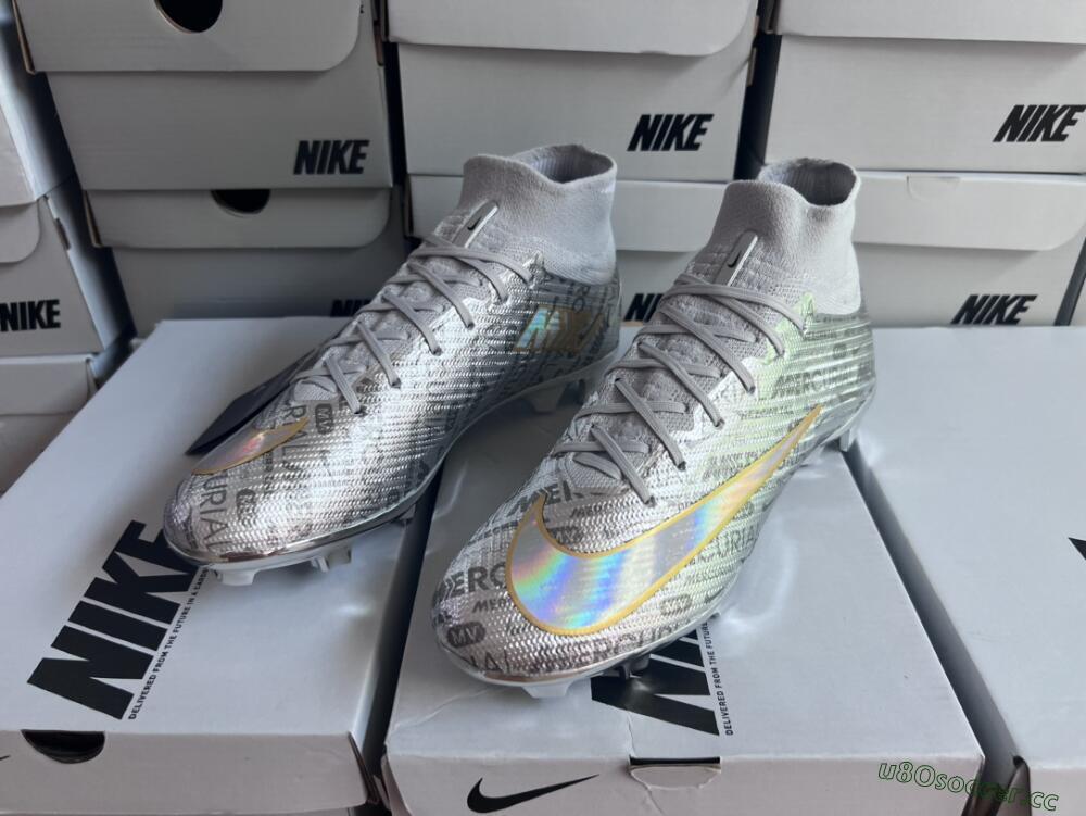 Men's Nike Air Zoom Mercurial Superfly 9 Elite FG Firm Ground High-Tops Football Boots - Silver/Gold