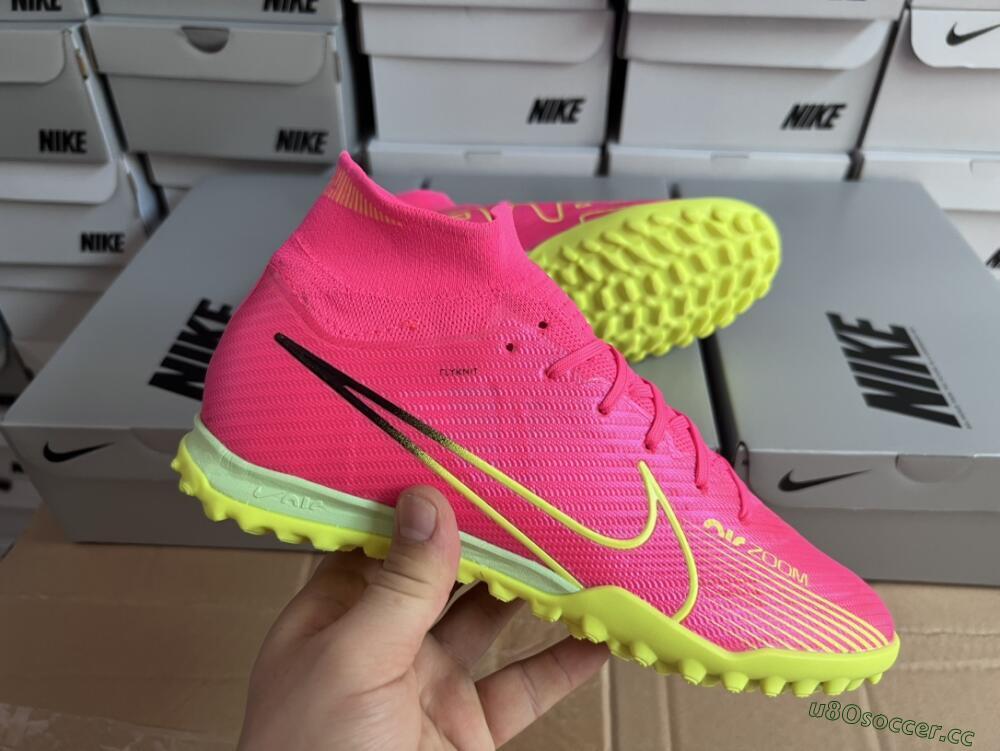 Men's Nike Air Zoom Mercurial Superfly 9 Elite TF Artificial Turf High-Tops Football Shoes - Pink/Green/Black