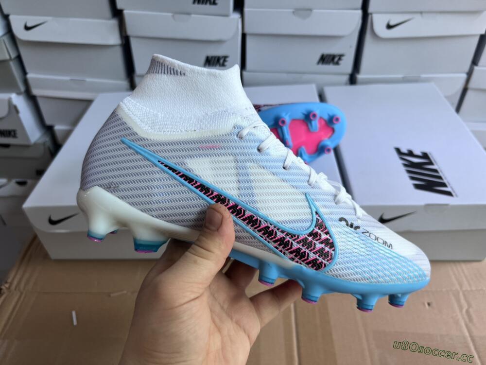 Unisex Nike Air Zoom Mercurial Superfly 9 Elite AG Artificial Grass High-Tops Football Boots - White/Blue/Pink