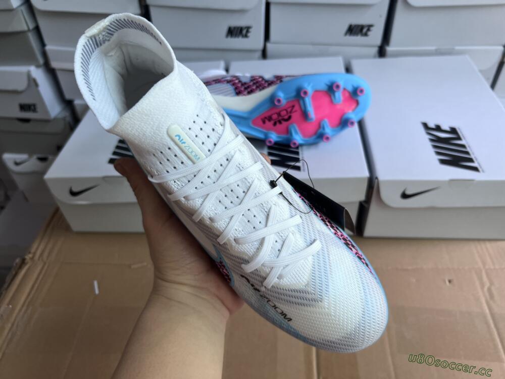 Unisex Nike Air Zoom Mercurial Superfly 9 Elite AG Artificial Grass High-Tops Football Boots - White/Blue/Pink