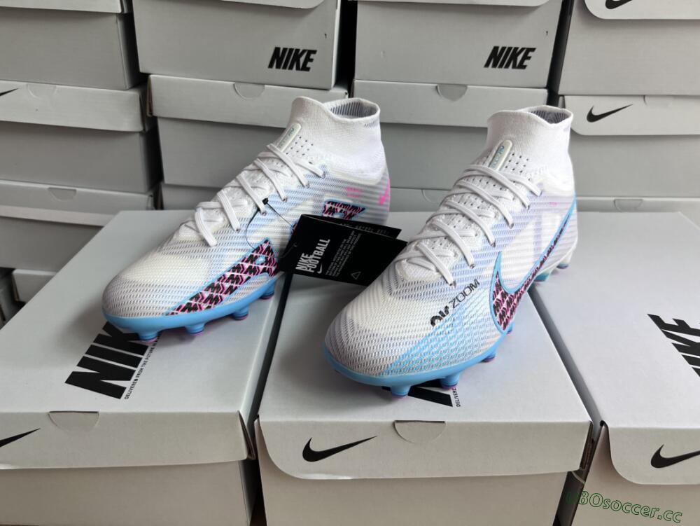 Unisex Nike Air Zoom Mercurial Superfly 9 Elite AG Artificial Grass High-Tops Football Boots - White/Blue/Pink