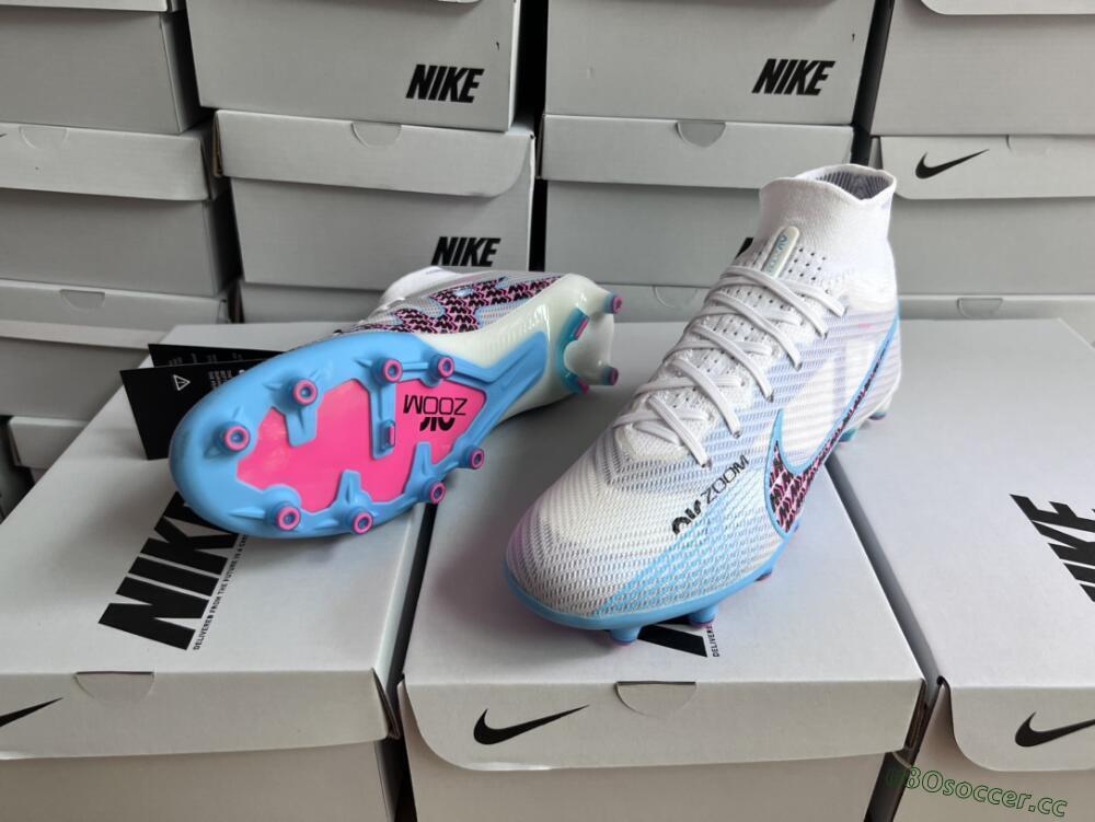 Unisex Nike Air Zoom Mercurial Superfly 9 Elite AG Artificial Grass High-Tops Football Boots - White/Blue/Pink