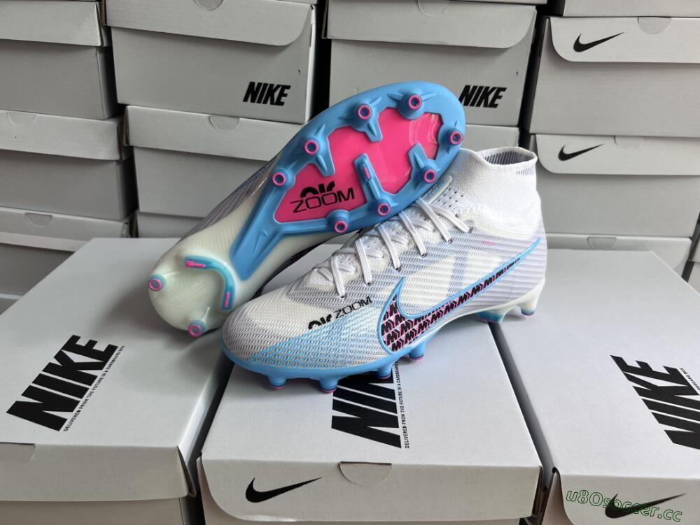 Unisex Nike Air Zoom Mercurial Superfly 9 Elite AG Artificial Grass High-Tops Football Boots - White/Blue/Pink