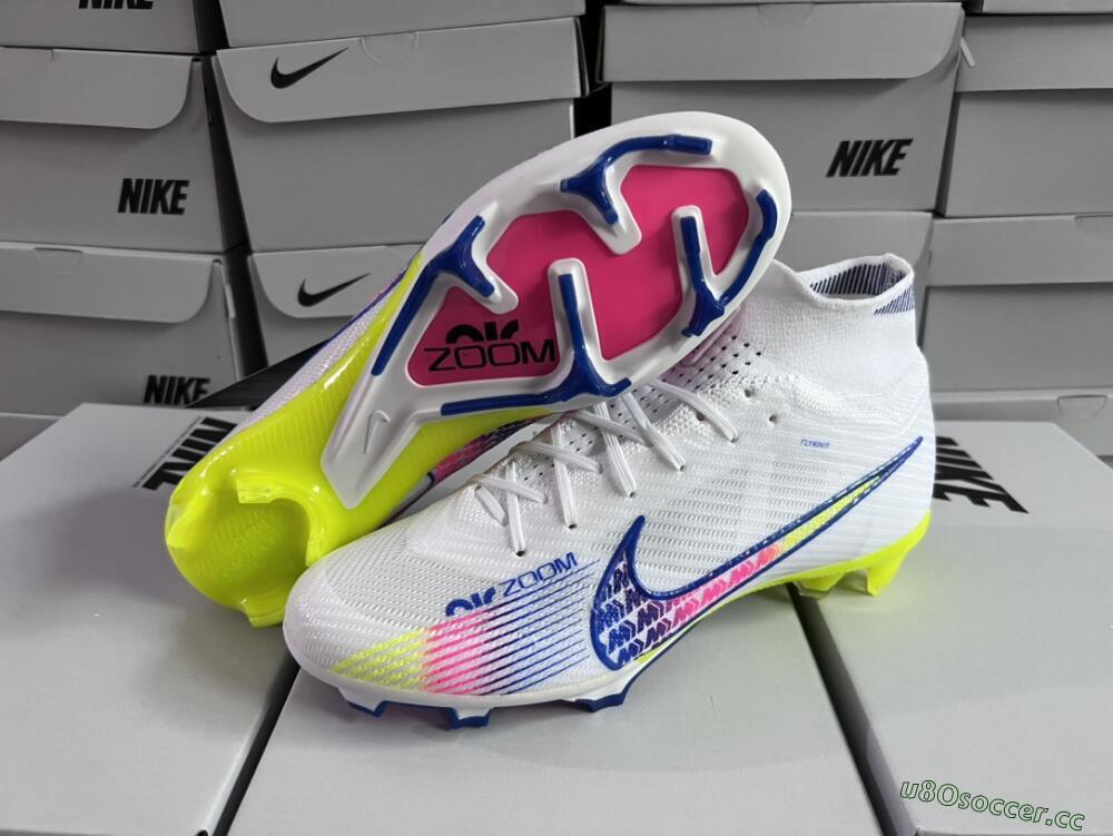 Men's Nike Air Zoom Mercurial Superfly 9 Elite FG Firm Ground High-Tops Football Boots - White/Blue/Pink/Green