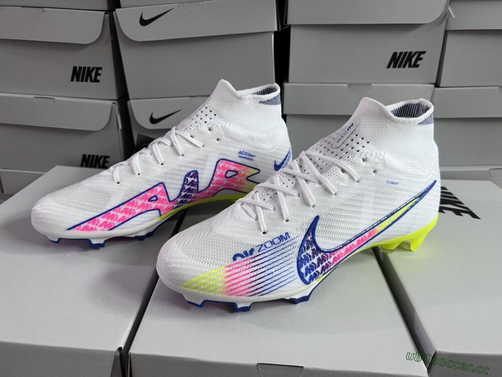 Men's Nike Air Zoom Mercurial Superfly 9 Elite FG Firm Ground High-Tops Football Boots - White/Blue/Pink/Green