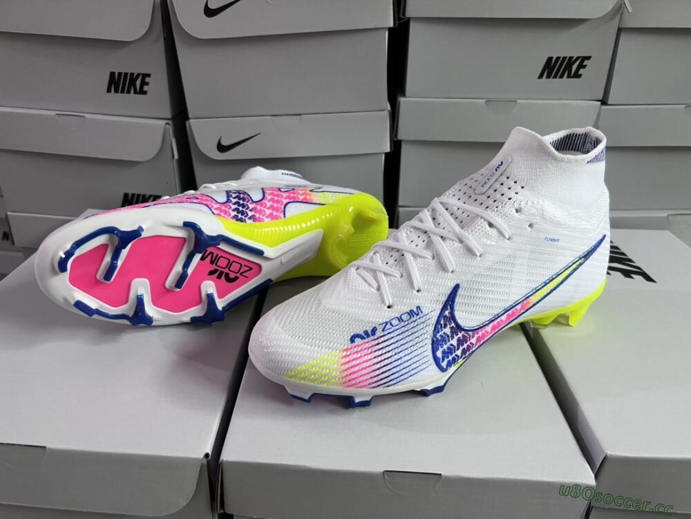 Men's Nike Air Zoom Mercurial Superfly 9 Elite FG Firm Ground High-Tops Football Boots - White/Blue/Pink/Green