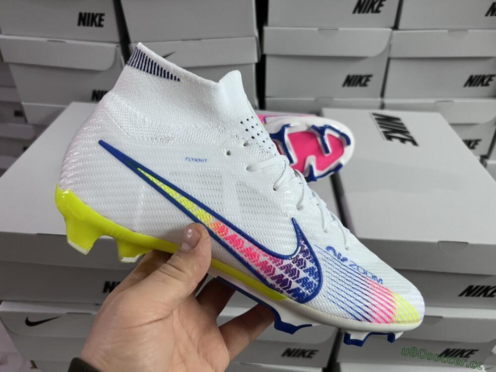 Men's Nike Air Zoom Mercurial Superfly 9 Elite FG Firm Ground High-Tops Football Boots - White/Blue/Pink/Green