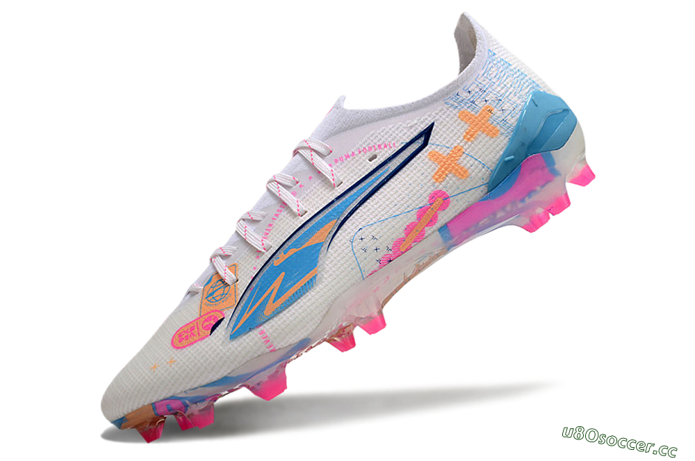 Men's Puma Ultra 5 Ultimate FG Firm Ground Low-Tops Football Boots - White/Pink/Yellow/Blue 5