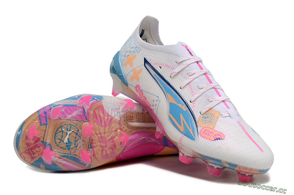 Men's Puma Ultra 5 Ultimate FG Firm Ground Low-Tops Football Boots - White/Pink/Yellow/Blue 3