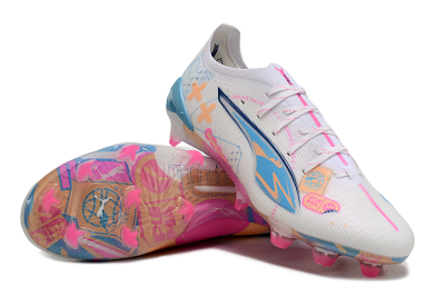 Men's Puma Ultra 5 Ultimate FG Firm Ground Low-Tops Football Boots - White/Pink/Yellow/Blue