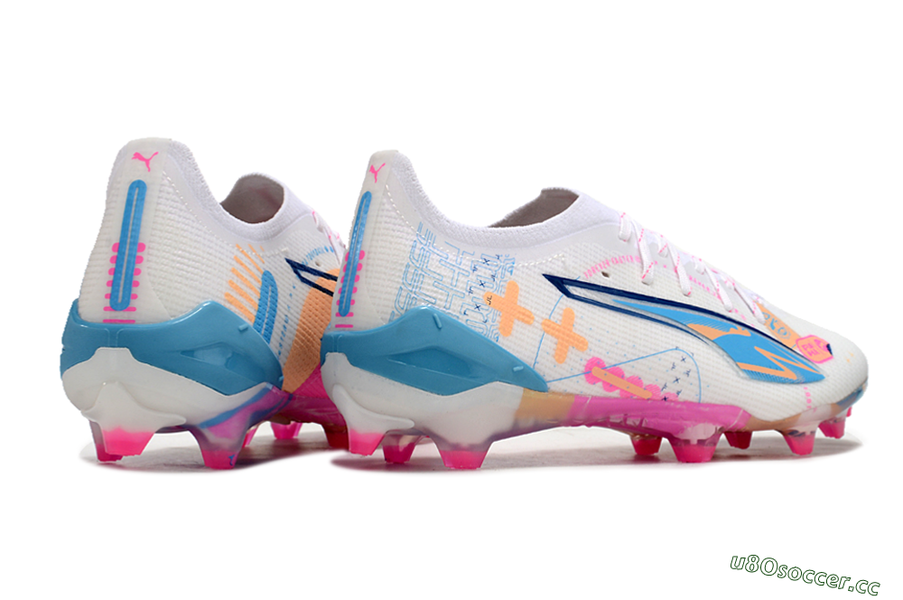 Men's Puma Ultra 5 Ultimate FG Firm Ground Low-Tops Football Boots - White/Pink/Yellow/Blue 6