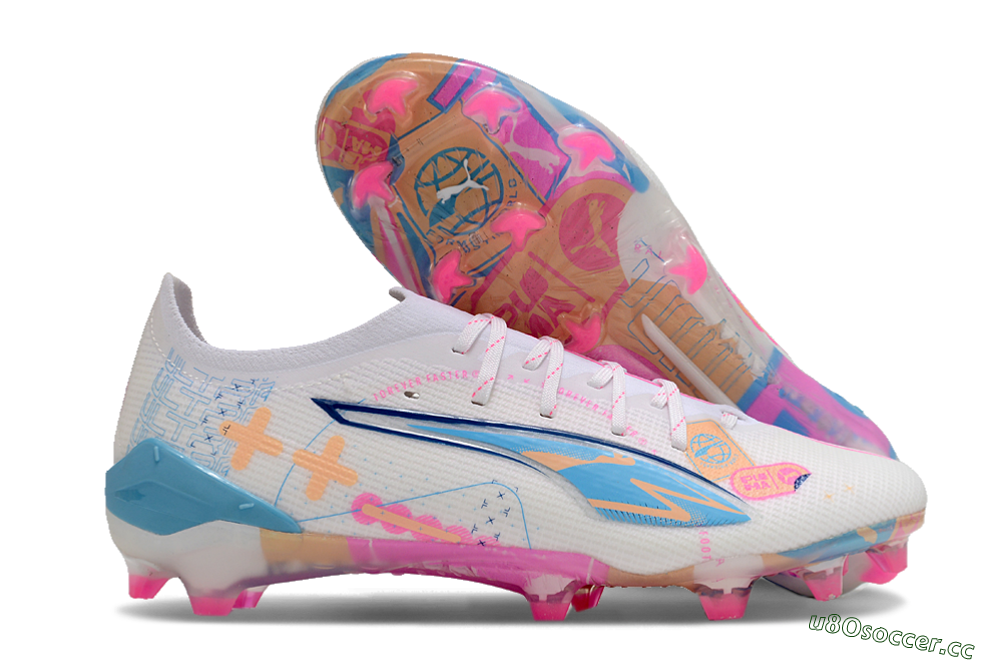 Men's Puma Ultra 5 Ultimate FG Firm Ground Low-Tops Football Boots - White/Pink/Yellow/Blue 2