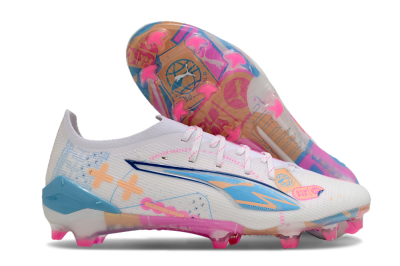 Men's Puma Ultra 5 Ultimate FG Firm Ground Low-Tops Football Boots - White/Pink/Yellow/Blue