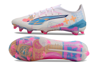 Men's Puma Ultra 5 Ultimate FG Firm Ground Low-Tops Football Boots - White/Pink/Yellow/Blue