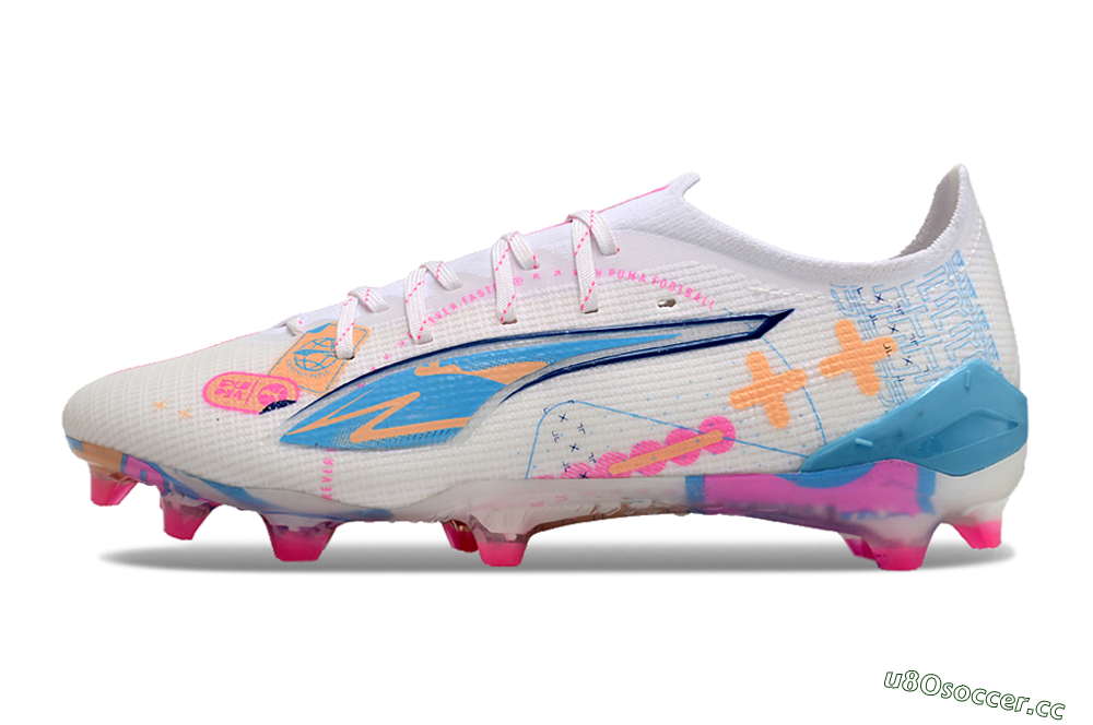 Men's Puma Ultra 5 Ultimate FG Firm Ground Low-Tops Football Boots - White/Pink/Yellow/Blue 0