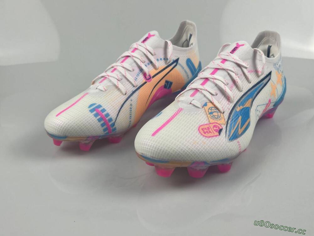 Men's Puma Ultra 5 Ultimate FG Firm Ground Low-Tops Football Boots - White/Pink/Yellow/Blue