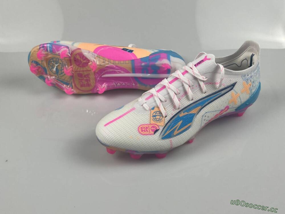 Men's Puma Ultra 5 Ultimate FG Firm Ground Low-Tops Football Boots - White/Pink/Yellow/Blue