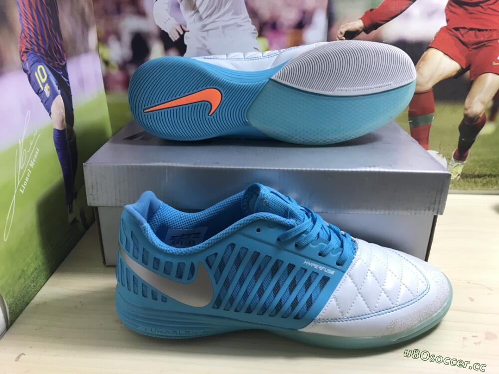 Men's Nike Lunar Gato 2 IC Indoor & Futsal Low-Tops Football Shoes - White/Blue/Silver