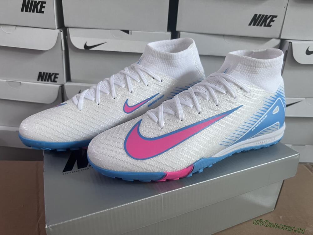 Unisex Nike Air Zoom Mercurial Superfly 10 Elite TF Artificial Turf High-Tops Football Shoes - White/Pink/Blue