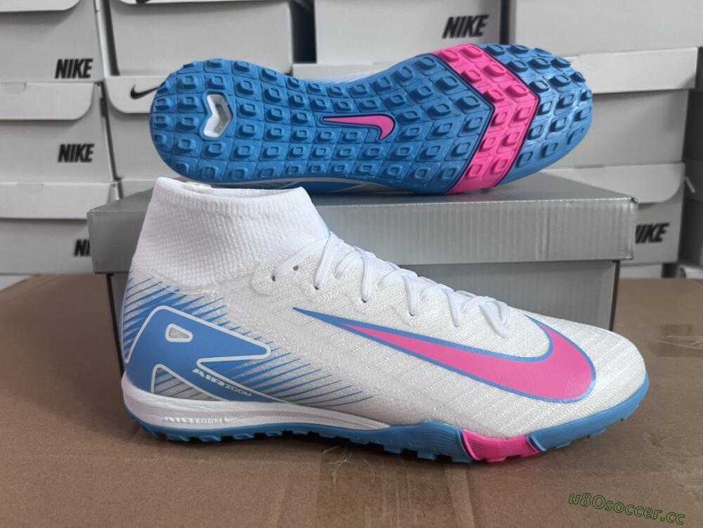 Unisex Nike Air Zoom Mercurial Superfly 10 Elite TF Artificial Turf High-Tops Football Shoes - White/Pink/Blue