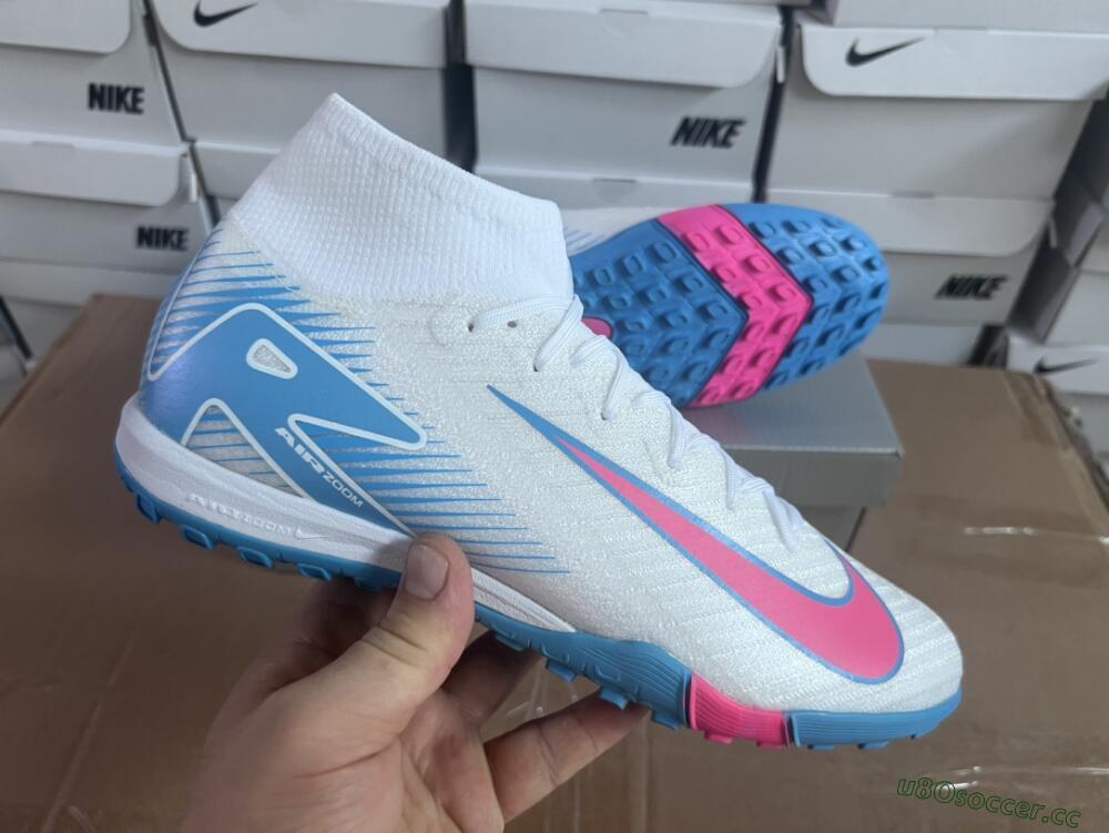 Unisex Nike Air Zoom Mercurial Superfly 10 Elite TF Artificial Turf High-Tops Football Shoes - White/Pink/Blue
