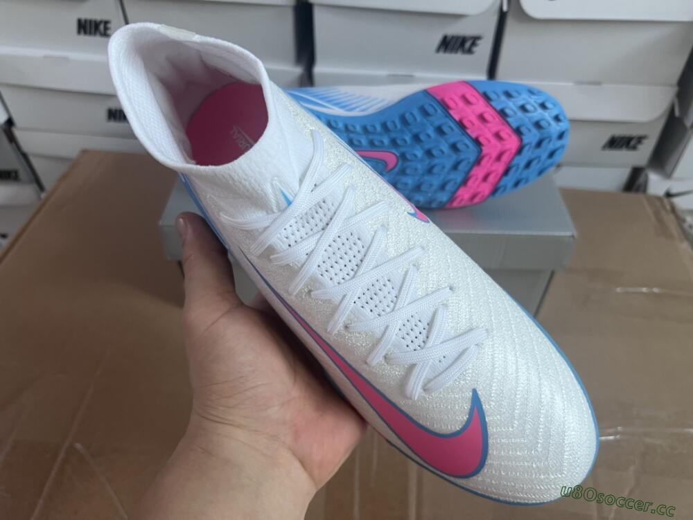 Unisex Nike Air Zoom Mercurial Superfly 10 Elite TF Artificial Turf High-Tops Football Shoes - White/Pink/Blue