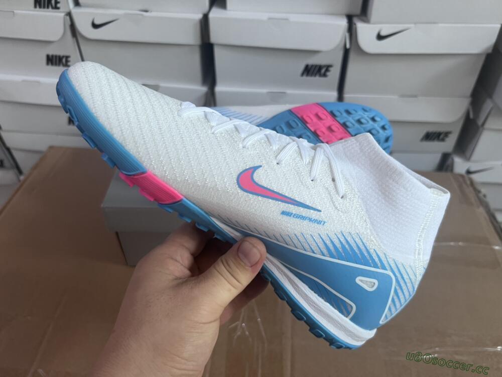 Unisex Nike Air Zoom Mercurial Superfly 10 Elite TF Artificial Turf High-Tops Football Shoes - White/Pink/Blue