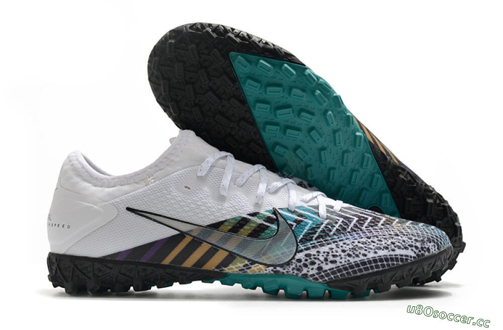 Men's Nike Mercurial Vapor 13 Pro TF Artificial Turf Low-Tops Football Shoes - White/Black/Jade 2