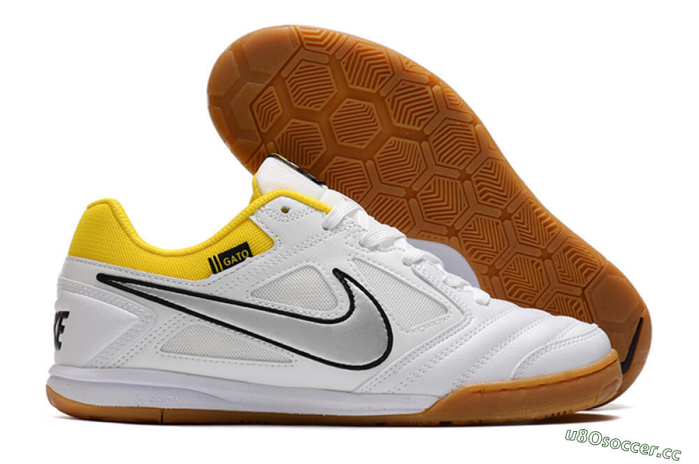 Men's Supreme x Nike SB Gato IC Indoor & Futsal Low-Tops Football Shoes - White/Silver/Yellow 2