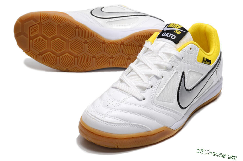 Men's Supreme x Nike SB Gato IC Indoor & Futsal Low-Tops Football Shoes - White/Silver/Yellow 3