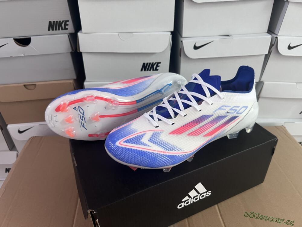 Men's Adidas F50 Adizero FG Firm Ground Low-Tops Football Boots - White/Blue/Pink